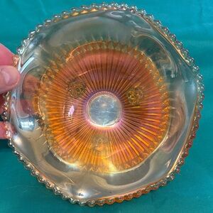 Vintage Jeannette Anniversary Iridescent Bowl 3 Footed Marigold Depression Glass